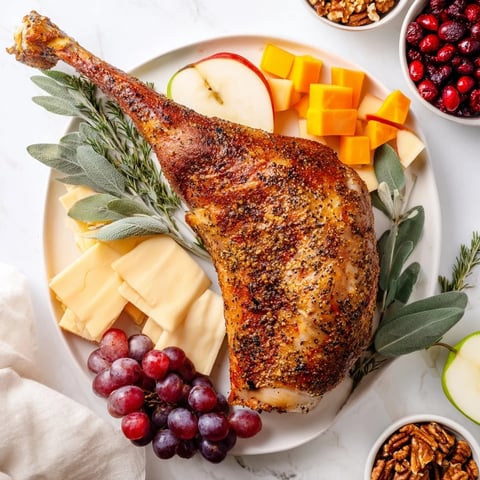 Thanksgiving Turkey Legs Charcuterie with savory meats, cheeses, and fruit, ready for serving.