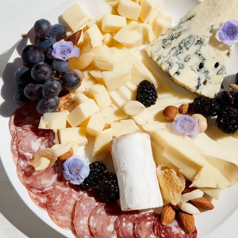 A stunning Celestial Night Board, overflowing with cheeses, fruits, and charcuterie for a lovely party.