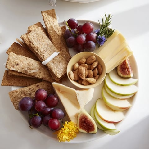 Golden Wheat Bundle Board platter overflowing with crackers, cheeses, fruits, and olives to share.