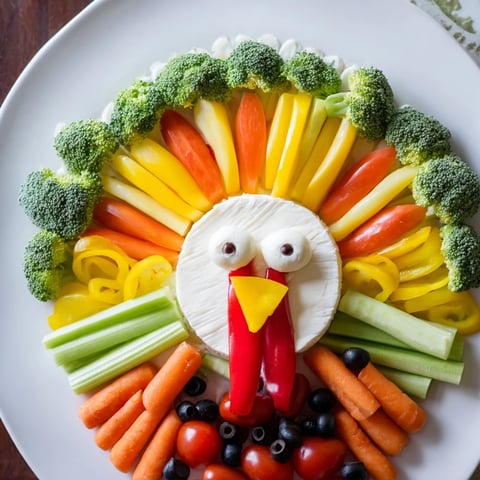 Bright and colorful turkey shaped appetizer tray with fresh vegetables and creamy cheese ready to serve.
