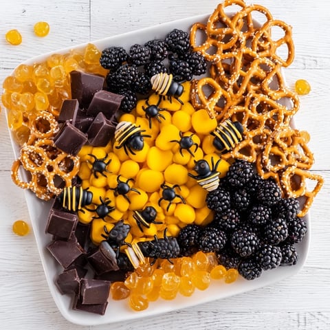 Vibrant Bumblebee Candy Board featuring colorful sweets and fresh berries, perfect for spring parties.