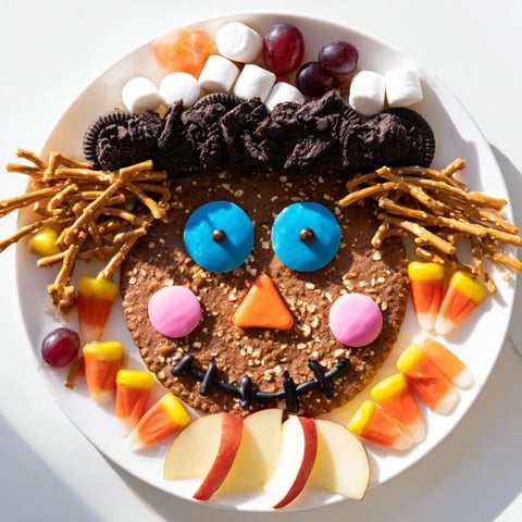 Delicious Scarecrow Candy Platter with colorful candies, perfect for a fun Halloween or harvest party.