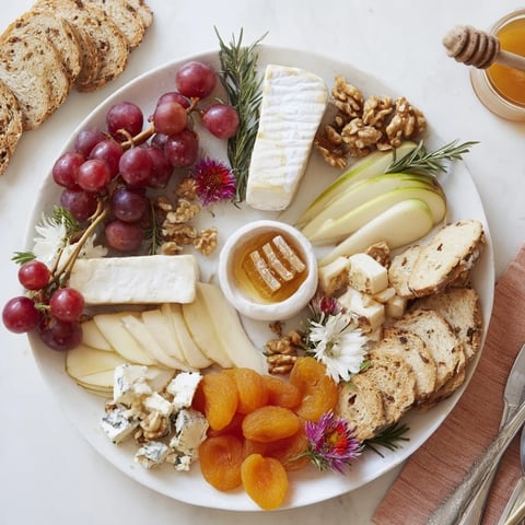 Creamy brie, blue cheese, and honeycomb beautifully arranged on a Honeycomb, Honey & Cheese Board.