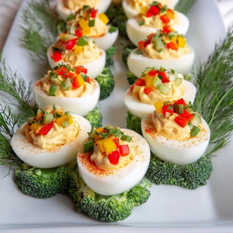Christmas Tree Deviled Eggs, arranged like a festive evergreen, feature vibrant bell peppers and dill.
