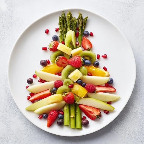 Fresh asparagus stems artfully arranged like blossoming branches on a colorful Asparagus Stem Floral Fruit Board.