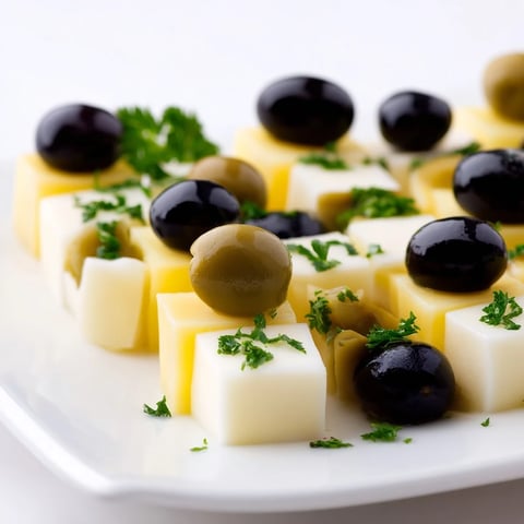 Elegant Cheese and Olive Chess Board appetizer, beautifully arranged with contrasting colors, ready to serve.
