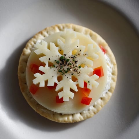 Cracker and cheese snowflake appetizer, beautifully presented, features delicate cheese cutouts and fresh herbs.