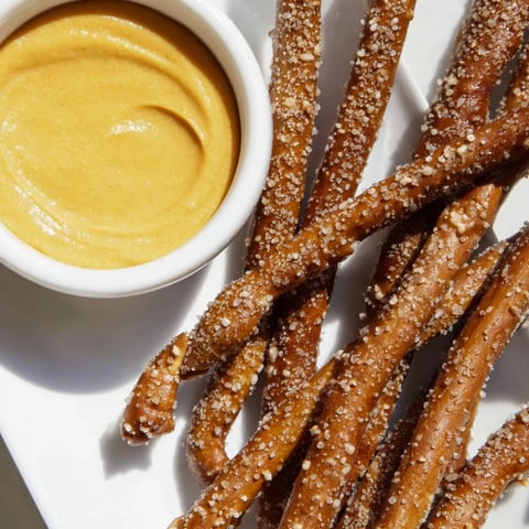 Crispy golden pretzel rods beside a small bowl of spicy, homemade hot mustard dip for dipping.