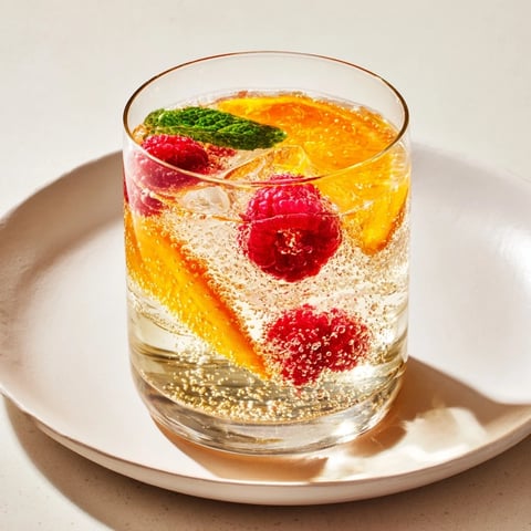 A sparkling juice with raspberries, bubbly and vibrant, garnished with fresh mint for a festive drink.