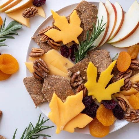 Thanksgiving Leaf Fall appetizer: a beautiful arrangement of colorful cheese and fruit shaped like leaves.