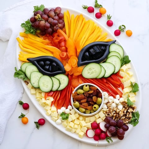 Vibrant layers of fresh vegetables create a beautiful The Masquerade Mask appetizer ready to enjoy.