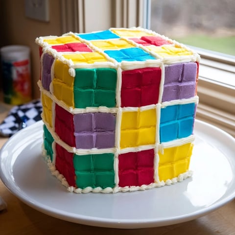 The Cozy Quilt Patchwork Cake, a colorful layered dessert with buttercream frosting, looks incredibly inviting.