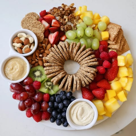 A vibrant Hidden Oasis appetizer platter filled with colorful fruit and creamy dips ready to enjoy.