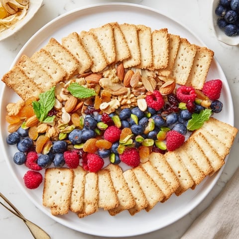 A delightful The Picket Fence appetizer showcasing vibrant berries, nuts, all encircled by crispy crackers.