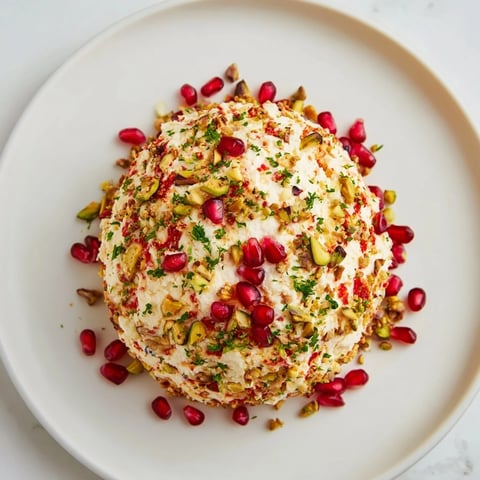 A close-up of The Royal Orb: a festive cheese ball gleaming with pomegranate jewels, perfect appetizer.