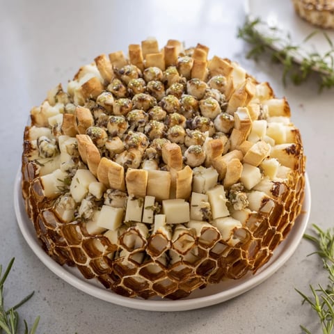 Warm, golden The Gilded Cage appetizer, a stunning breadstick dome filled with cheeses and grapes.