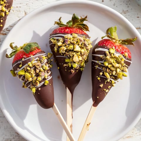 Beautiful, chocolate-dipped strawberry skewers glistening, ready to eat with vibrant red berries.