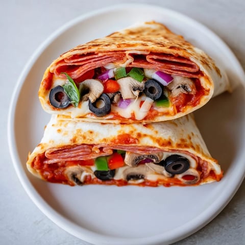 Steaming hot tortilla pizza wrap, crispy edges filled with melted cheese and pepperoni.