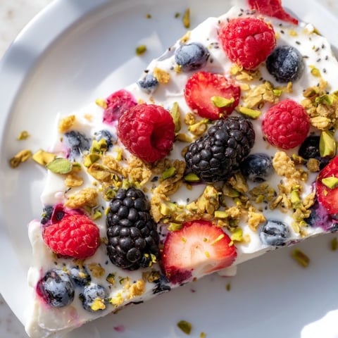 Vibrant frozen fruit yogurt bark with colorful berries and crunchy granola, a refreshing treat.