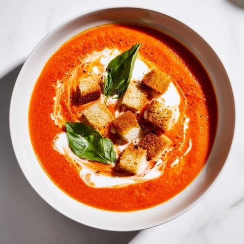 Creamy Roasted Garlic Tomato Soup, served with fresh basil, smells of warm, sweet roasted tomatoes.