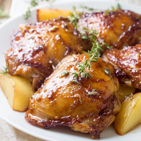 Golden, glistening Sticky Maple Apple Chicken thighs with tender apples alongside, ready for a delicious dinner.