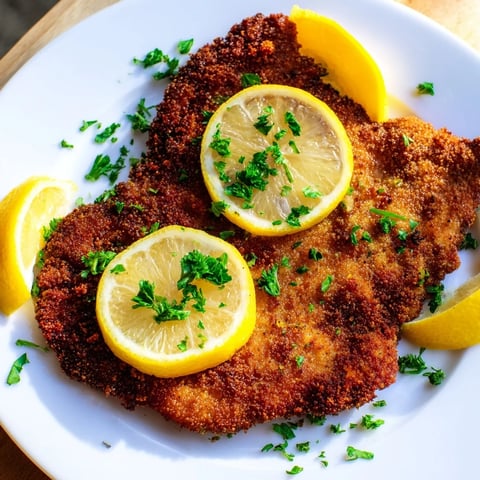 Crispy golden German Schnitzel cutlets with a squeeze of fresh lemon, ready to enjoy.