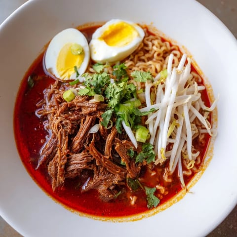 A steaming bowl of Chaos Cooking Birria Ramen, showcasing tender beef and fresh toppings.