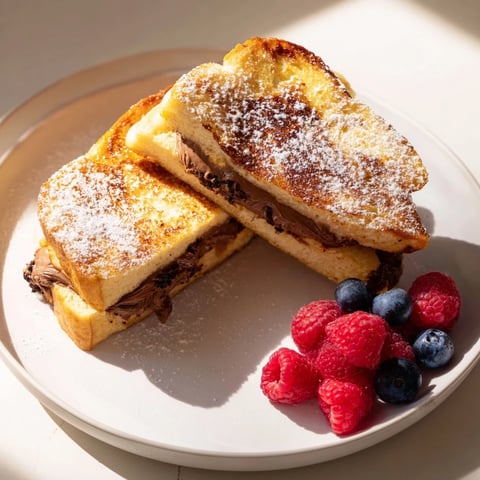 Golden-brown Nutella Brioche French Toast, a sweet breakfast delight, ready to be enjoyed with berries.
