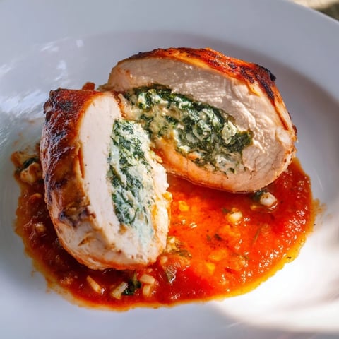 Golden-brown baked Spinach Ricotta Stuffed Chicken breasts resting in a rich, bubbling tomato sauce.