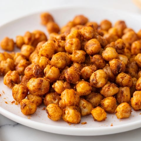 Golden-brown crispy chickpeas roasted with smoked paprika and cumin on a rustic wooden table, served as a protein-rich Middle Eastern-inspired snack.  