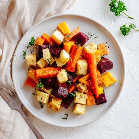 Caramelized roasted root vegetable medley glistens with herbs and olive oil on a rustic serving platter.