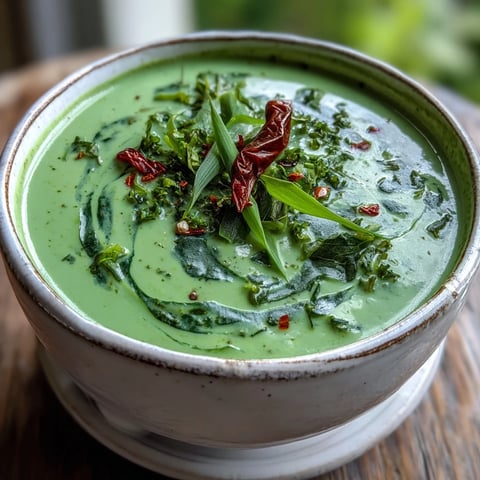 Spinach Coriander Lemongrass Soup with creamy coconut milk and fresh herbs in a rustic bowl.