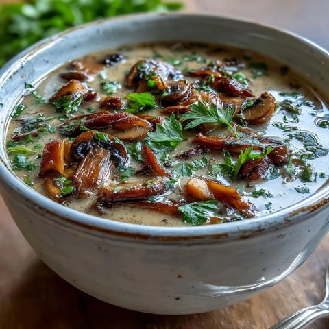 Creamy Mushroom Stroganoff Soup steaming in a rustic bowl, garnished with fresh parsley and a dollop of sour cream.