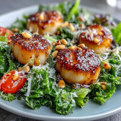 Four golden seared scallops rest on a vibrant escarole salad topped with shaved Parmesan and cherry tomatoes.