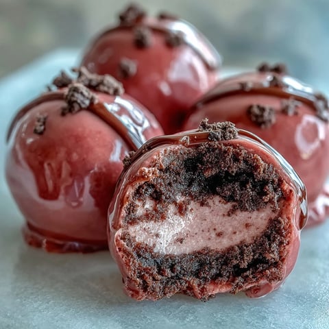Chilled Oreo Truffle Balls with Pink Candy Coating are displayed on a decorative plate.