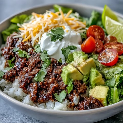 Freshly seasoned ground beef layered over cauliflower rice in a Low Carb Burrito Bowl with crisp romaine and diced avocado.