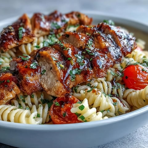 Golden-seared chicken and penne pasta tossed with juicy cherry tomatoes, fresh basil, mozzarella, and a balsamic glaze.