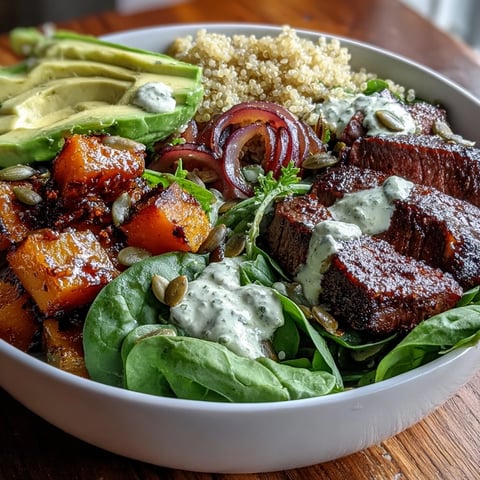Golden roasted butternut squash steak bowl with fluffy quinoa, creamy avocado slices, and a drizzle of lime-cilantro dressing.