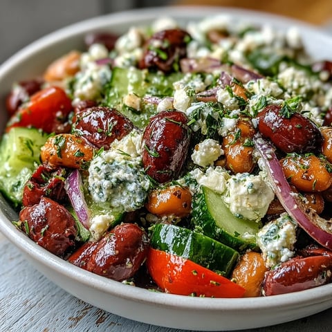 Bright marinated beans, crisp cucumber, and cherry tomatoes are tossed with olives and creamy feta cheese in a lemon-oregano dressing, ready to serve.