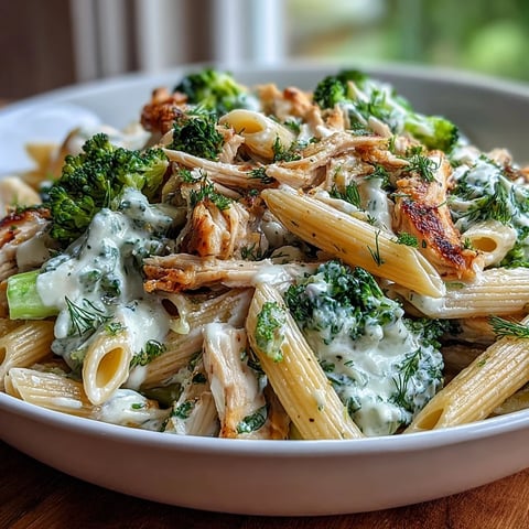 Creamy High Protein Rotisserie Chicken Broccoli Pasta served steaming in a skillet with fresh parsley garnish