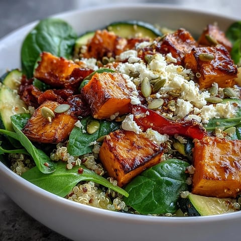 A serving of the Warm Salad Bowl filled with quinoa, roasted sweet potato, bell peppers, and wilted spinach.
