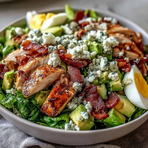 Freshly grilled chicken strips, crispy bacon, creamy avocado, and hard-boiled egg quarters top this vibrant Cobb Salad Bowl, served with a side of ranch dressing.