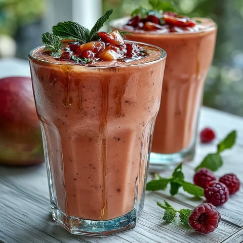 Tall glasses of chilled Guava Juice Smoothie, blending creamy yogurt and honey with sweet frozen mango and strawberries. 