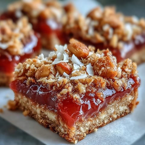 Golden-brown Guava Jam Bars with coconut-macadamia oat crumble, served on a rustic platter.
