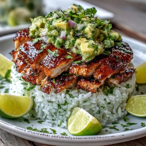 Grilled sliced chicken layered over jasmine rice with creamy avocado salsa, garnished with lime wedges on a plate.