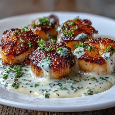 Golden seared scallops topped with creamy, spicy Cajun sauce and fresh parsley garnish.