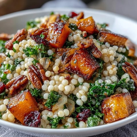Bright orange roasted butternut squash and chewy cranberries shine in this Honey Autumn Pearl Couscous Salad.