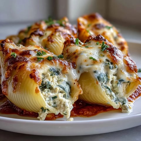 Baked Pesto Chicken Stuffed Shells Lite topped with melted mozzarella and fresh basil garnish on a plate.