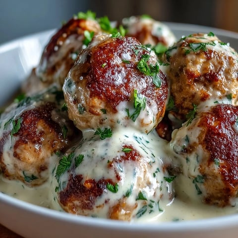 Golden brown Creamy Garlic Ranch Turkey Meatballs rest in a luscious white cream sauce, garnished with fresh parsley.