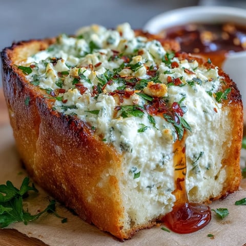 Golden, crispy baked Hot Honey Ricotta Garlic Bread topped with creamy spread and glistening spicy honey drizzle.
